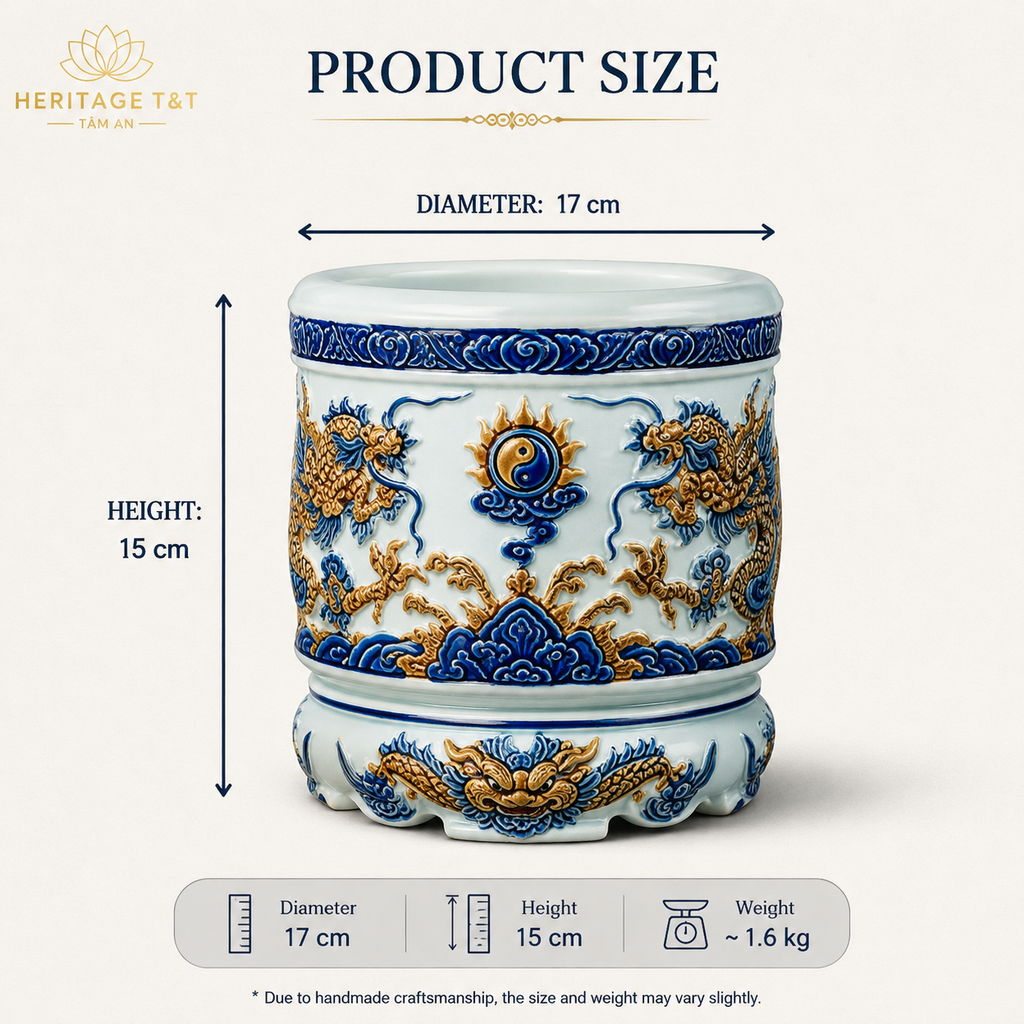 Heritage T&T Dragon Ceramic Incense Burner – Altar Tâm An – Bat Trang Handmade