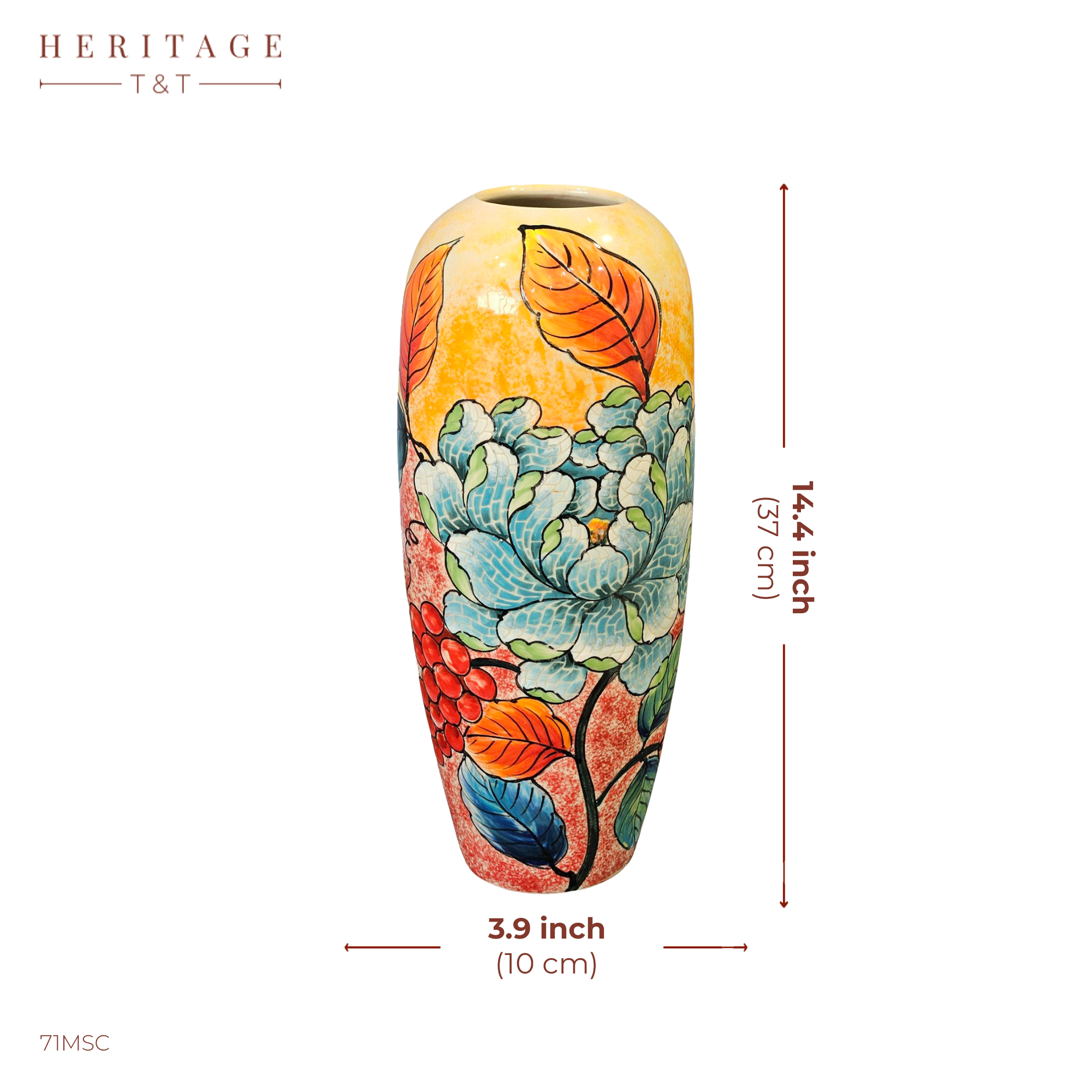 Handmade Mosaic Ceramic Vase – Flower Design  – 37 cm (14.6 in) – Home Décor – Heritage T&T Mosaic Collection – Bat Trang Vietnam