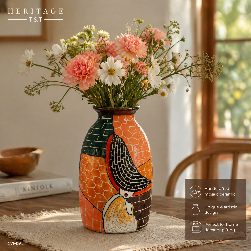 Handmade Mosaic Ceramic Vase – Lady Design  – 27 cm (10.6 in) – Home Décor – Heritage T&T Mosaic Collection – Bat Trang Vietnam
