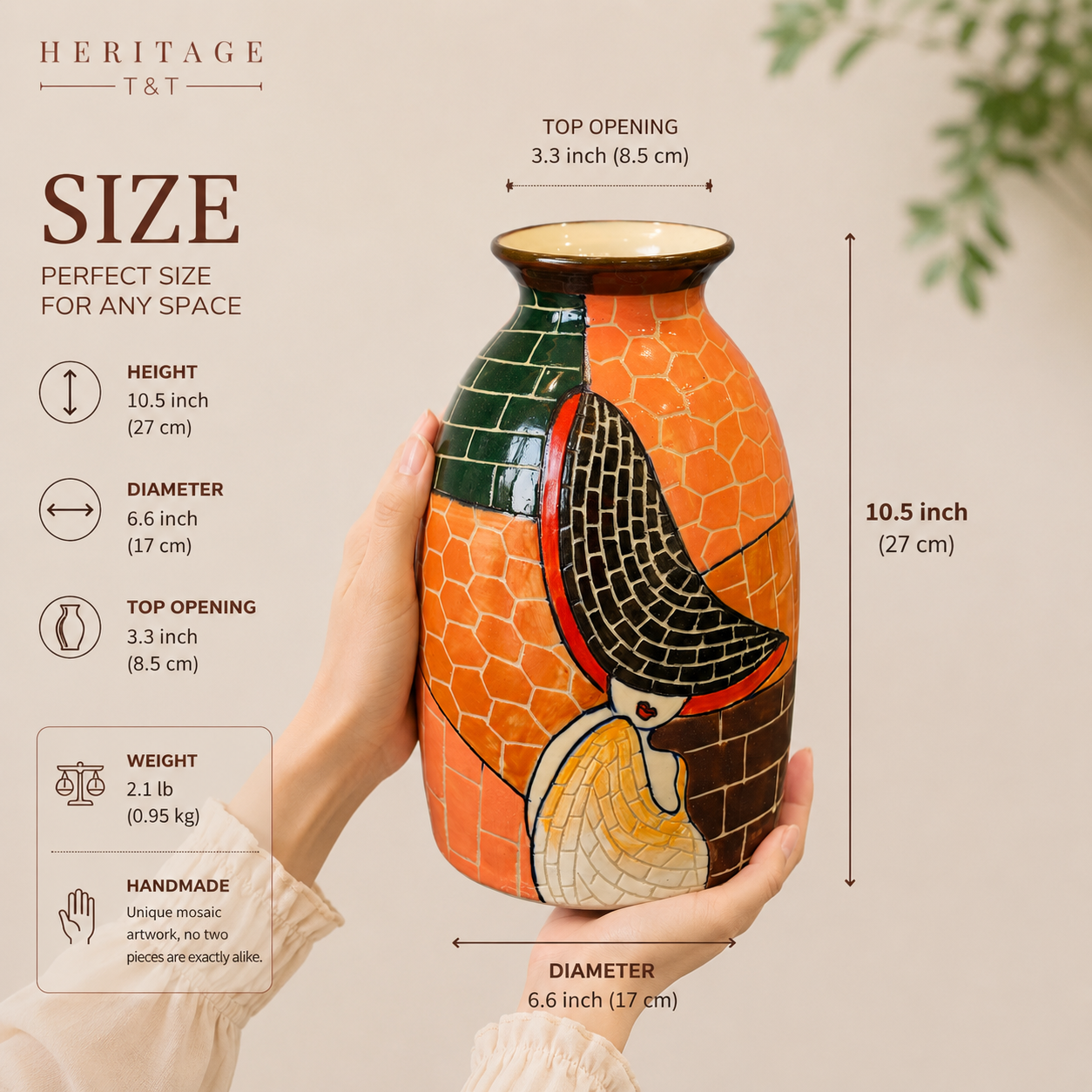 Handmade Mosaic Ceramic Vase – Lady Design  – 27 cm (10.6 in) – Home Décor – Heritage T&T Mosaic Collection – Bat Trang Vietnam