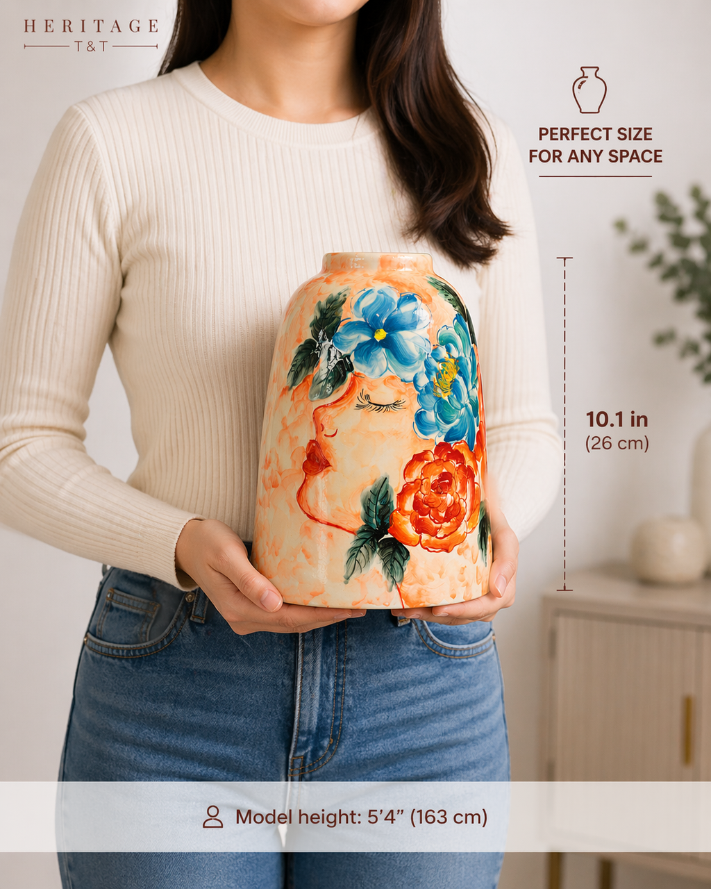 Handmade Ceramic Vase 26 cm – Decorative Floral Vase – Bat Trang Pottery – Hand Painted Art Vase – Home Decor – HERITAGE T&T