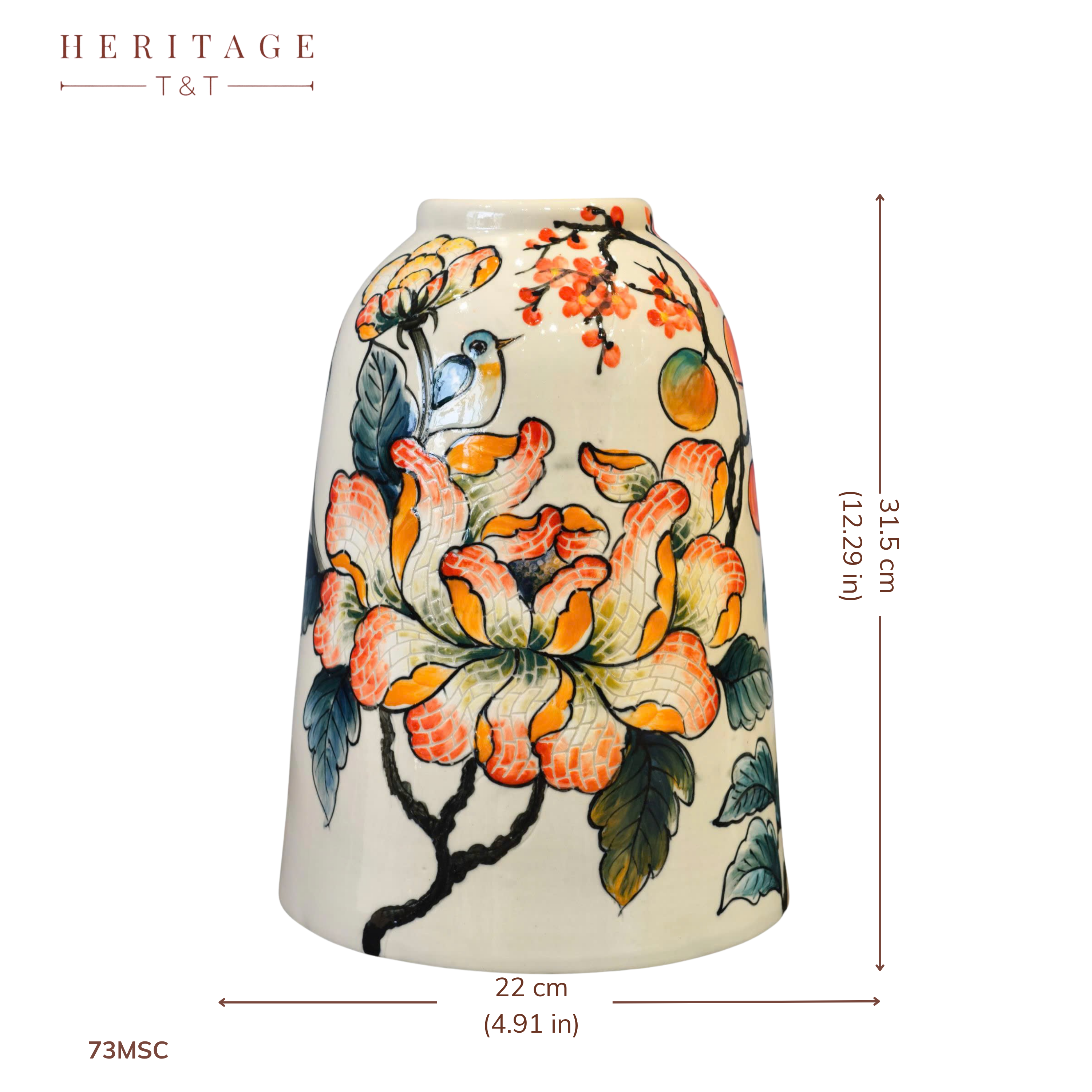 Handmade Mosaic Ceramic Vase – Flower Design  – 31.5 cm (12.4 in) – Home Décor – Heritage T&T Mosaic Collection – Bat Trang Vietnam