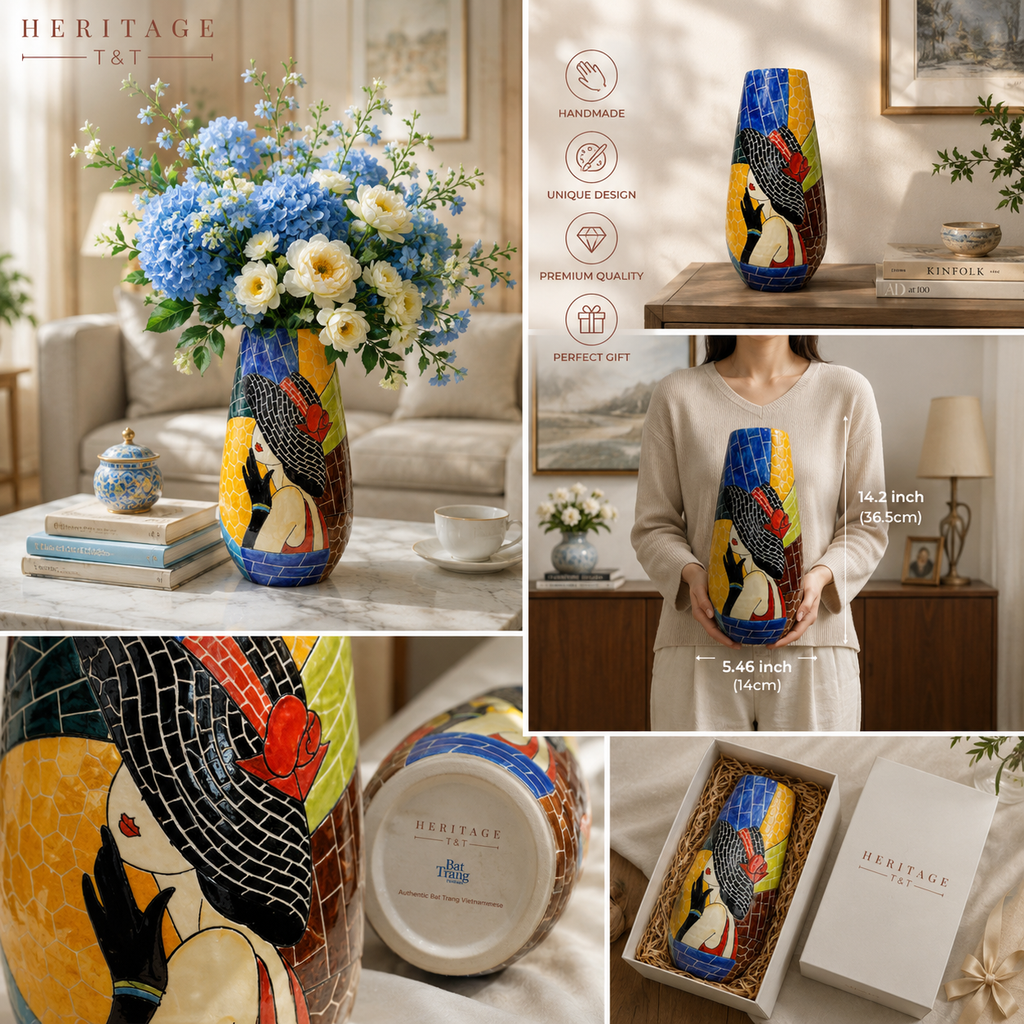 Handmade Mosaic Ceramic Vase – Lady Design  – 36.5 cm (14.4 in) – Home Décor – Heritage T&T Mosaic Collection – Bat Trang Vietnam
