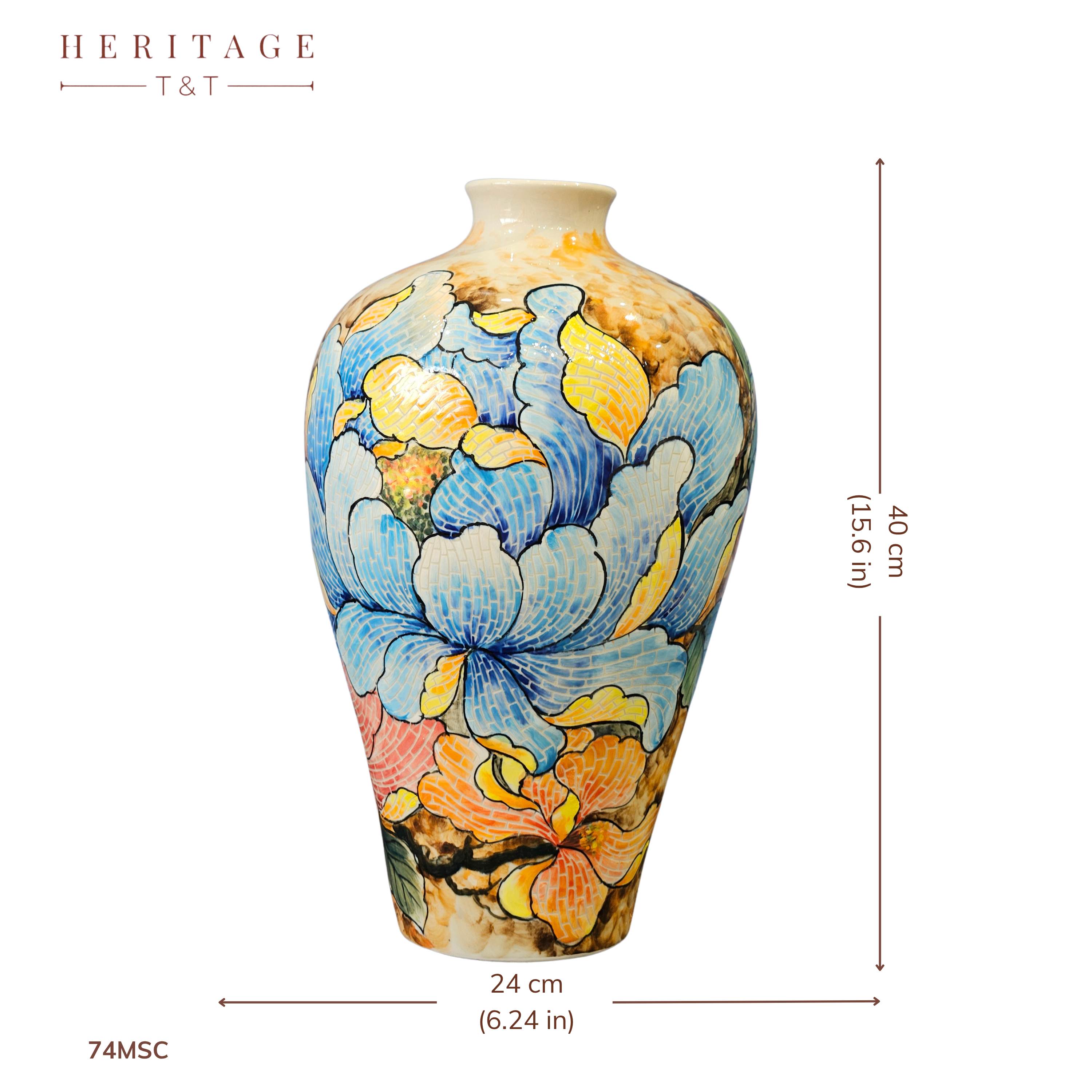Handmade Mosaic Ceramic Vase – Flower Design  – 40 cm (15.7 in) – Home Décor – Heritage T&T Mosaic Collection – Bat Trang Vietnam