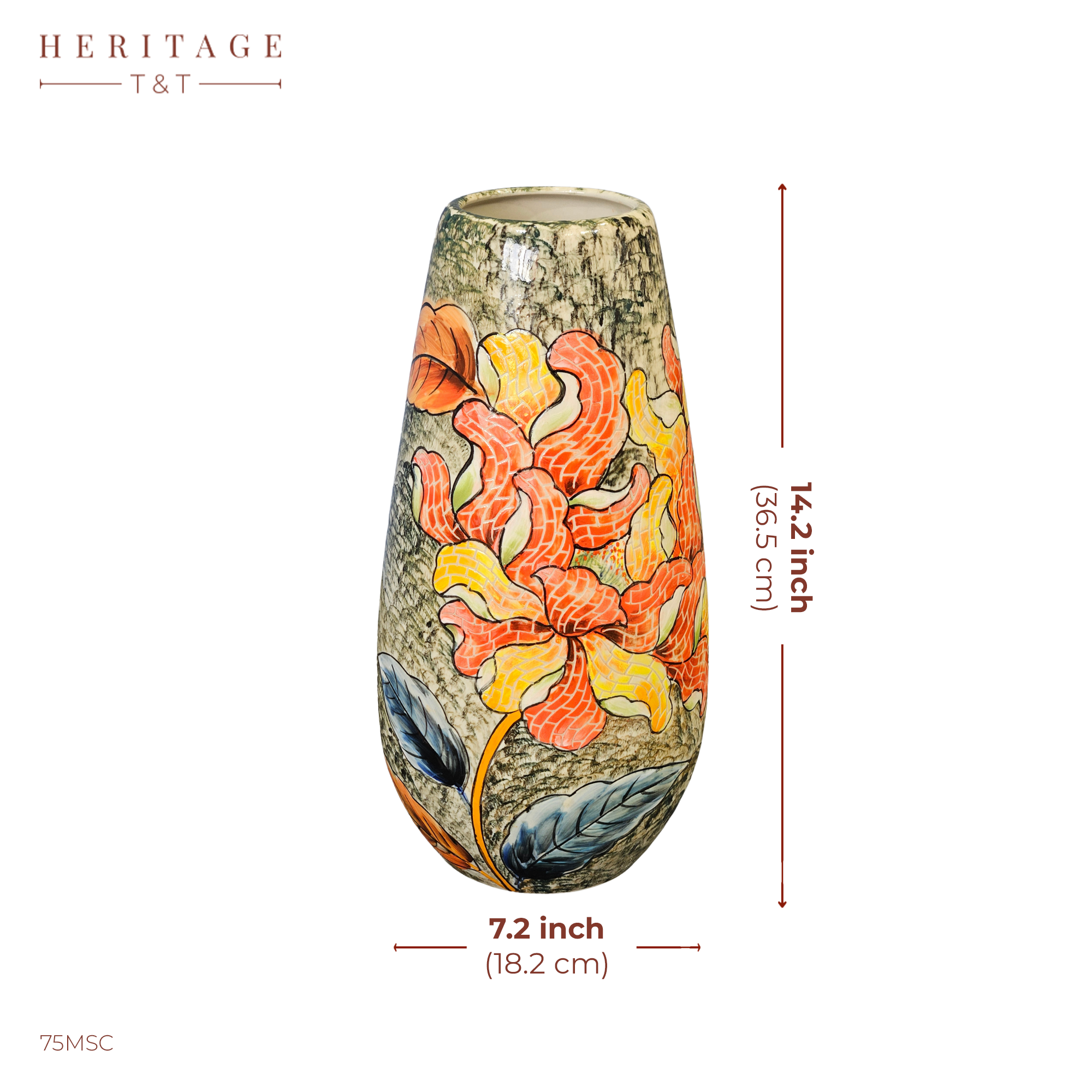 Handmade Mosaic Ceramic Vase – Flower Design  – 36.5 cm (14.4 in) – Home Décor – Heritage T&T Mosaic Collection – Bat Trang Vietnam