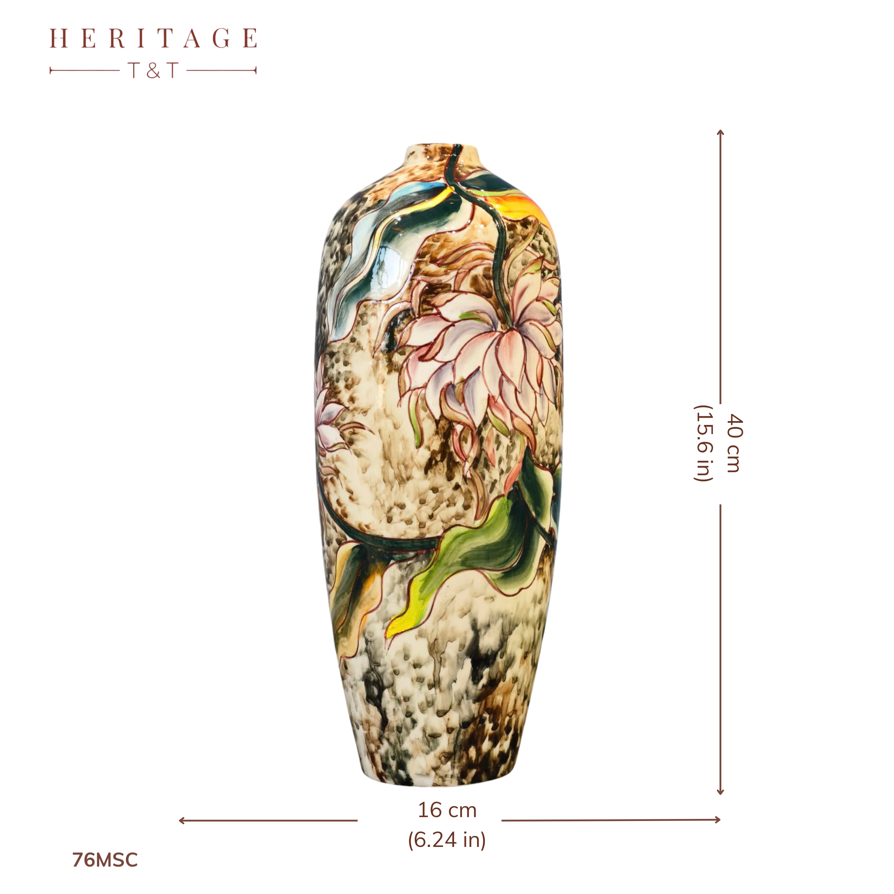 Handmade Mosaic Ceramic Vase – Artisan Design  – 40 cm (15.7 in) – Home Décor – Heritage T&T 3D Collection – Bat Trang Vietnam