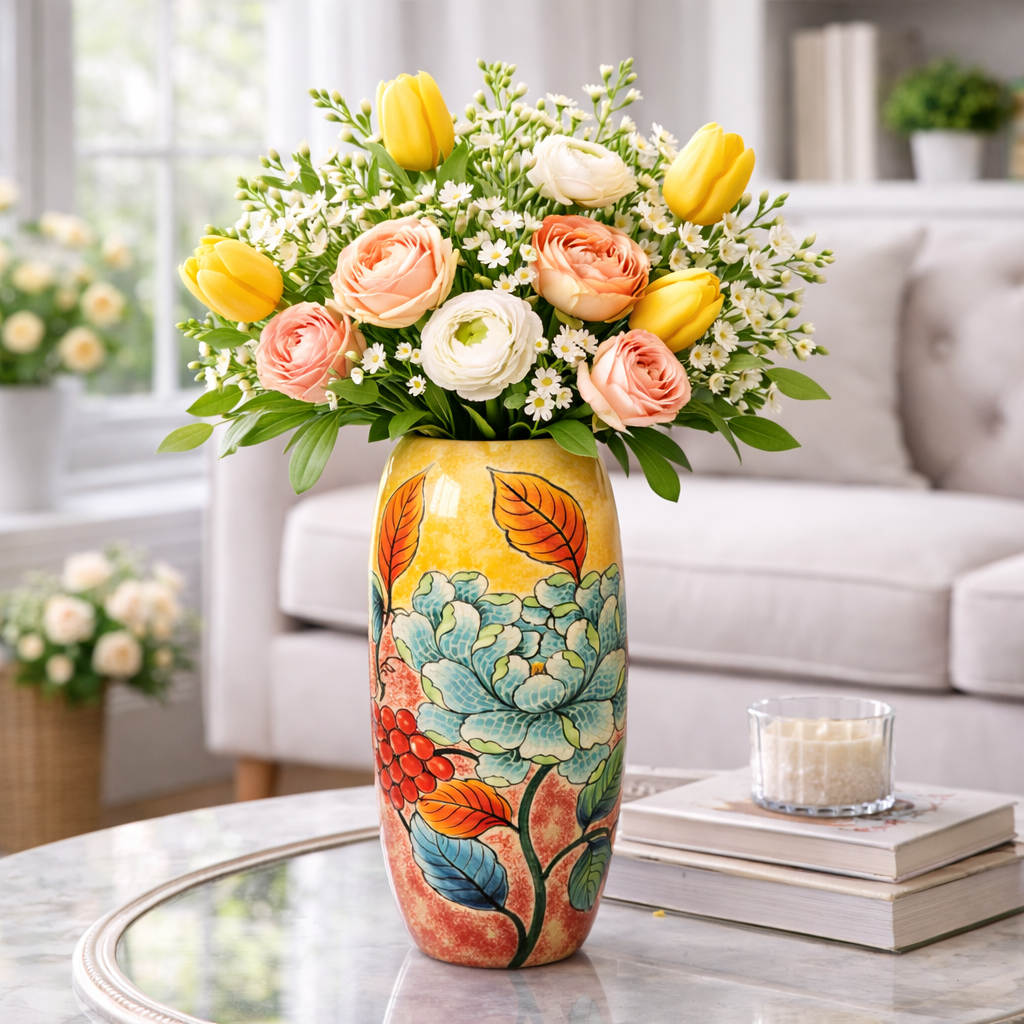 Handmade Mosaic Ceramic Vase – Flower Design  – 37 cm (14.6 in) – Home Décor – Heritage T&T Mosaic Collection – Bat Trang Vietnam
