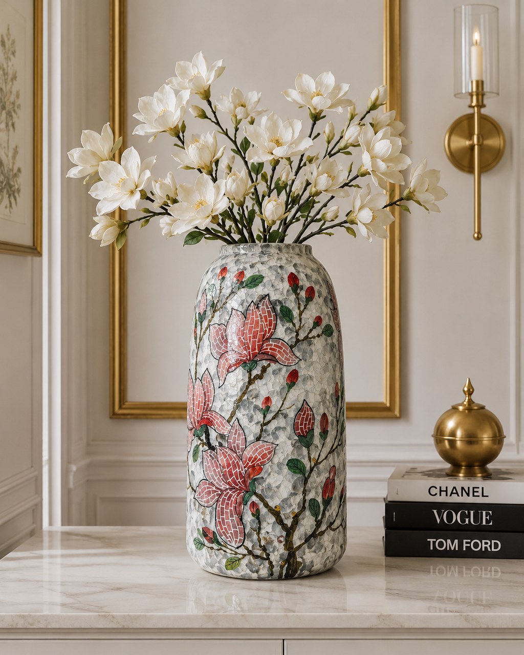 Handmade Mosaic Ceramic Vase Magnolia Design 40 cm Bat Trang Pottery Hand Painted Home Decor HERITAGE T&T