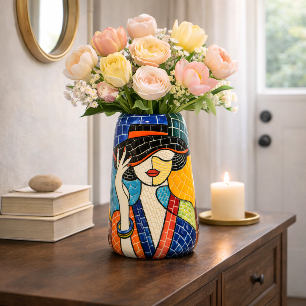 Handmade Mosaic Ceramic Vase – Lady Design  – 26 cm (10.2 in) – Home Décor – Heritage T&T Mosaic Collection – Bat Trang Vietnam