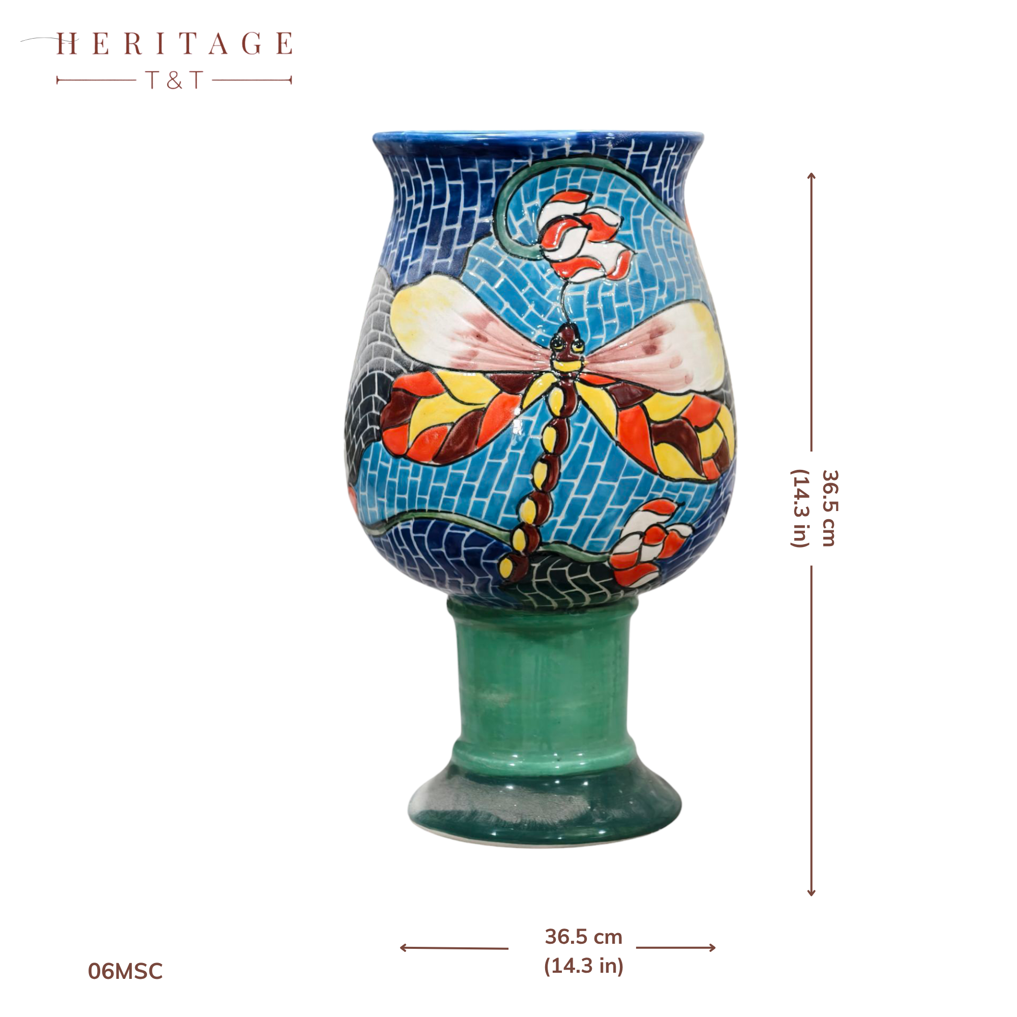 Handmade Mosaic Ceramic Vase – Dragonfly Design  – 28 cm (11 in) – Home Décor – Heritage T&T Mosaic Collection – Bat Trang Vietnam