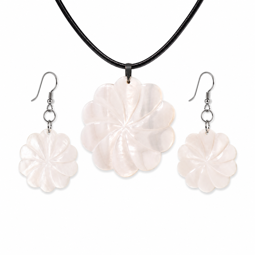 Floral Abalone and Mother of Pearl Necklace and Earrings Set – Heritage TT