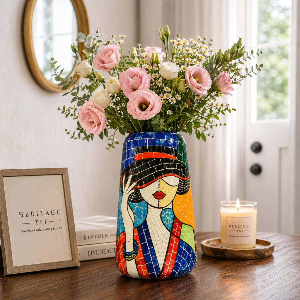 Handmade Mosaic Ceramic Vase – Lady Design  – 26 cm (10.2 in) – Home Décor – Heritage T&T Mosaic Collection – Bat Trang Vietnam