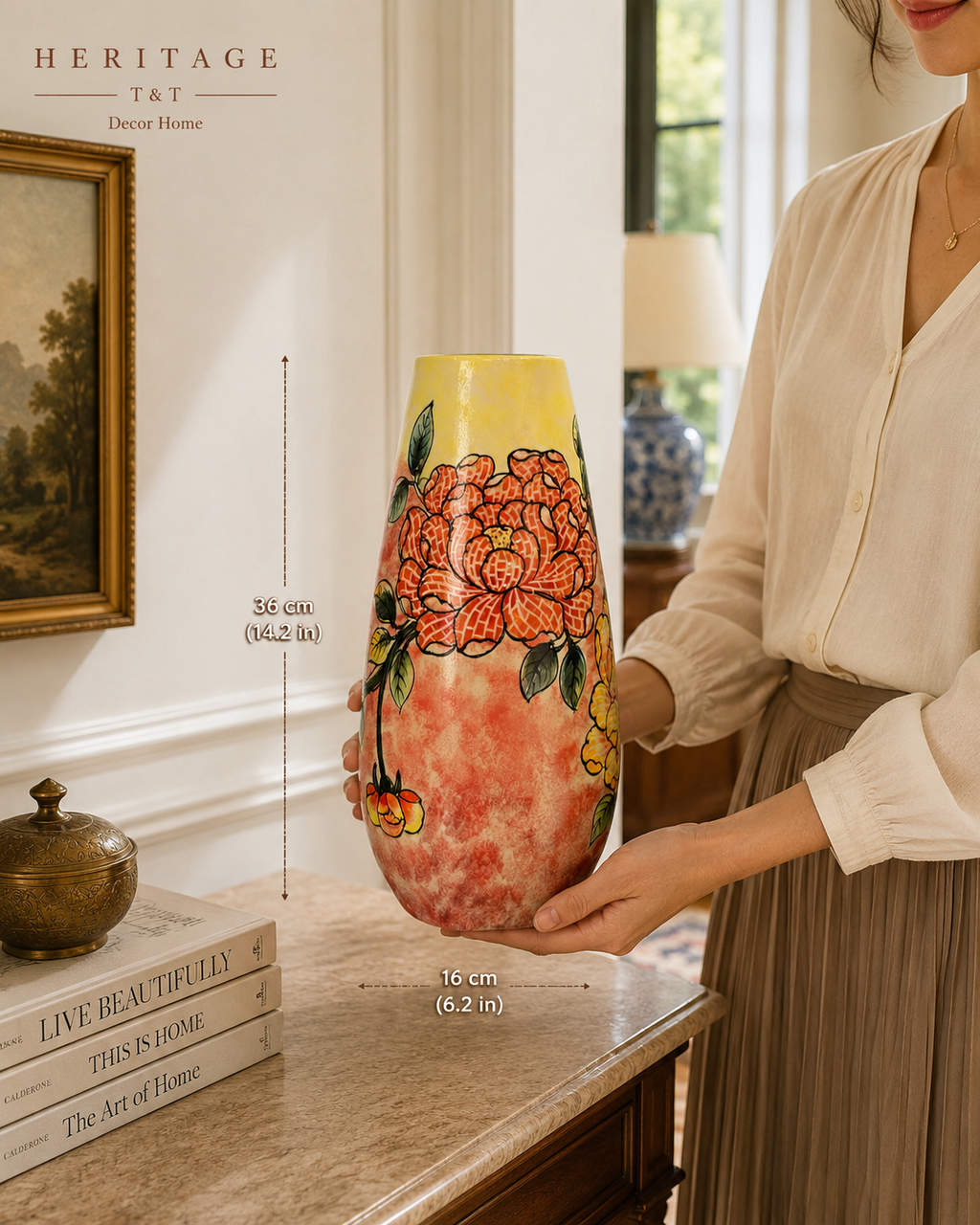 Handmade Mosaic Ceramic Vase – Flower Design  – 36.5 cm (14.4 in) – Home Décor – Heritage T&T Mosaic Collection – Bat Trang Vietnam