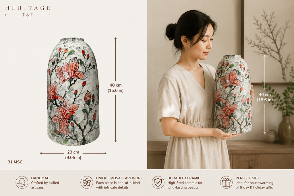 Handmade Mosaic Ceramic Vase Magnolia Design 40 cm Bat Trang Pottery Hand Painted Home Decor HERITAGE T&T