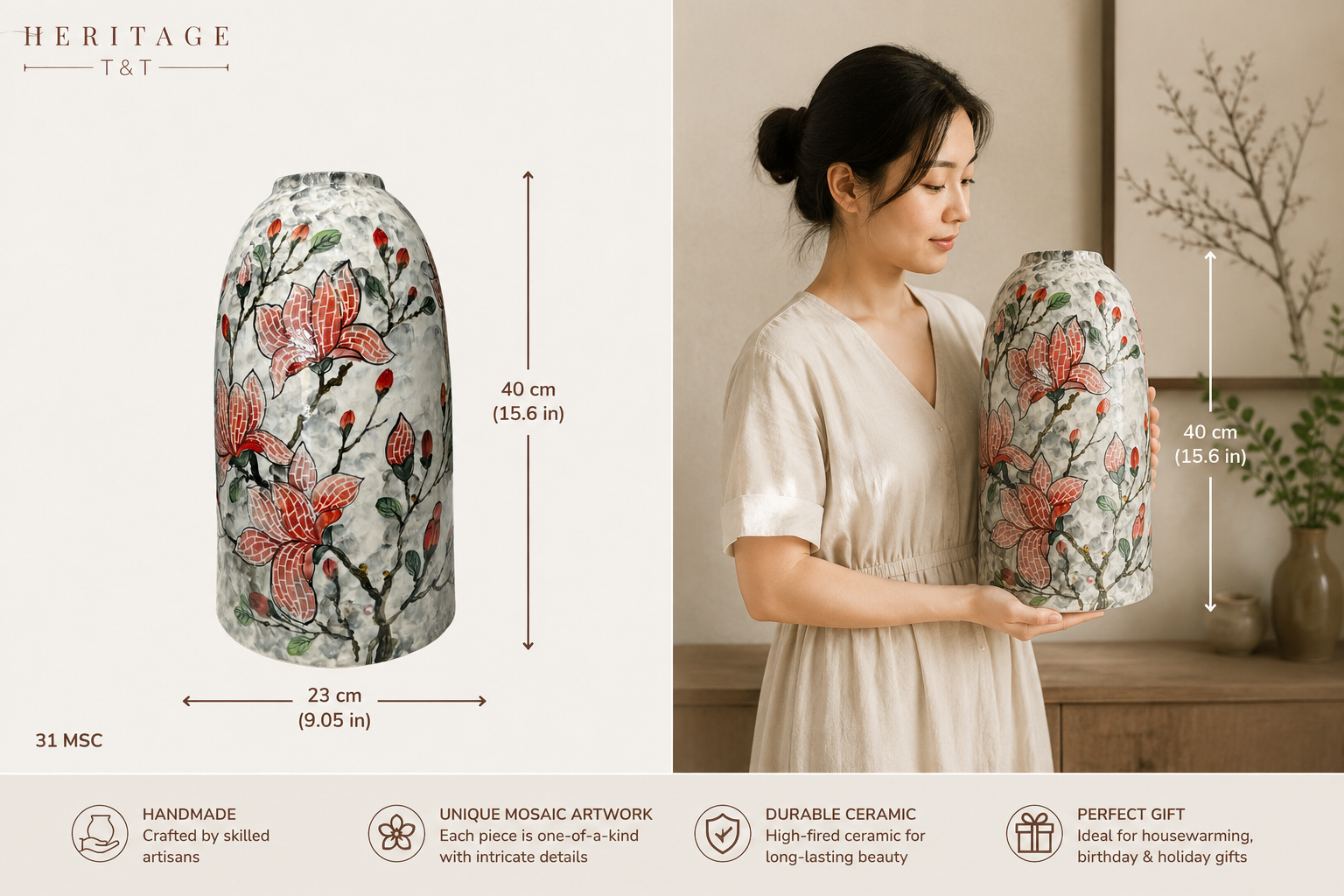 Handmade Mosaic Ceramic Vase Magnolia Design 40 cm Bat Trang Pottery Hand Painted Home Decor HERITAGE T&T