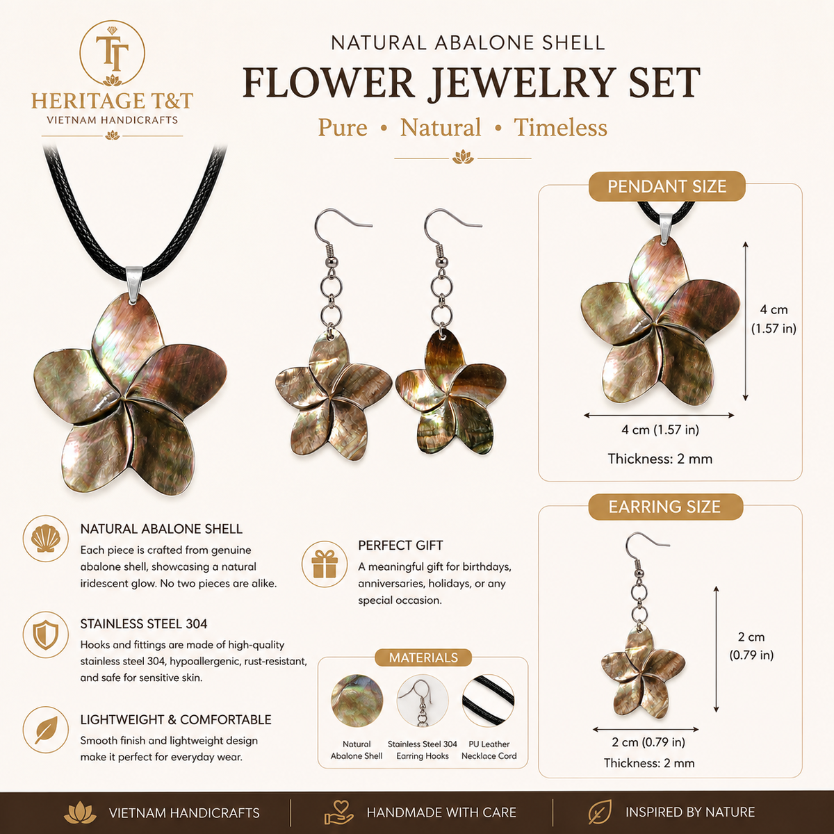 Floral Abalone and Mother of Pearl Necklace and Earrings Set – Heritage TT