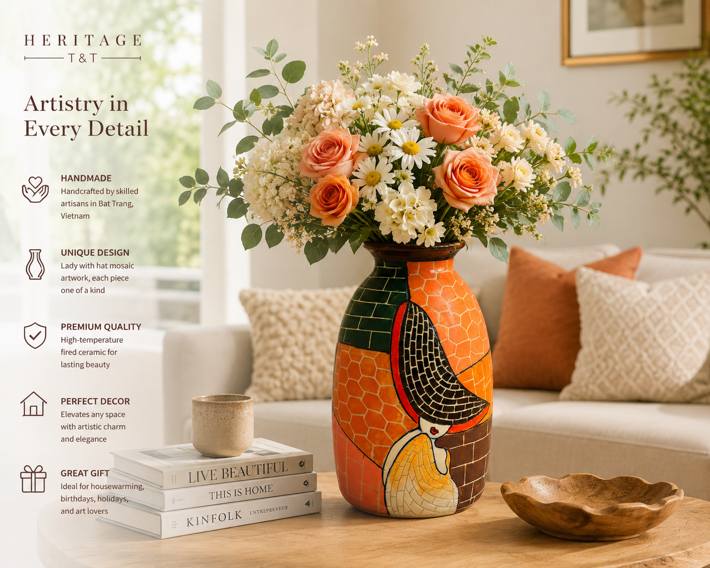 Handmade Mosaic Ceramic Vase – Lady Design  – 27 cm (10.6 in) – Home Décor – Heritage T&T Mosaic Collection – Bat Trang Vietnam