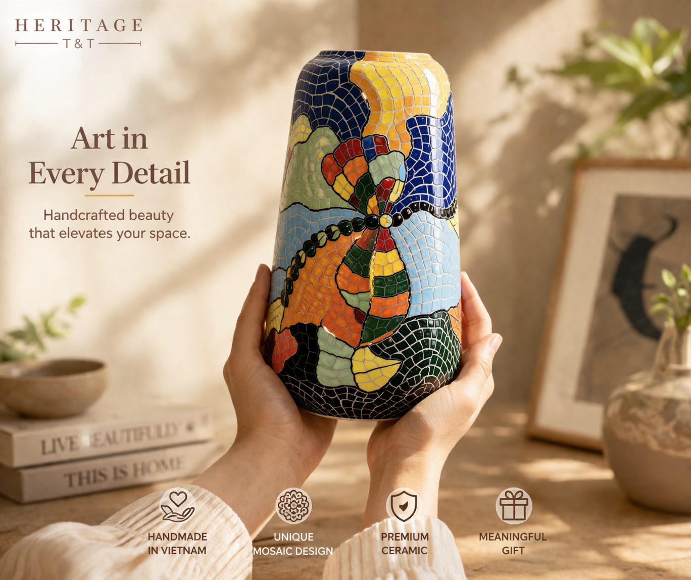 Handmade Mosaic Ceramic Vase – Dragonfly Design  – 26 cm (10.2 in) – Home Décor – Heritage T&T Mosaic Collection – Bat Trang Vietnam