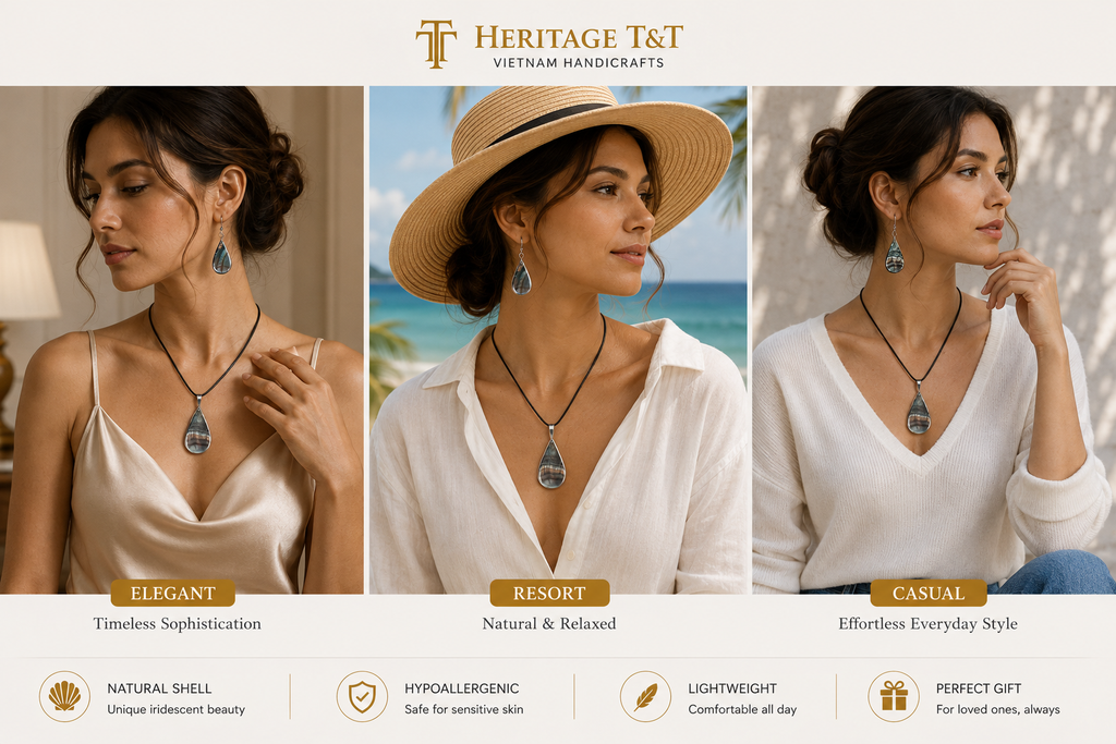 Natural Shell Statement Necklace Earrings Set – Abalone  Mother of Pearl – Heritage TT