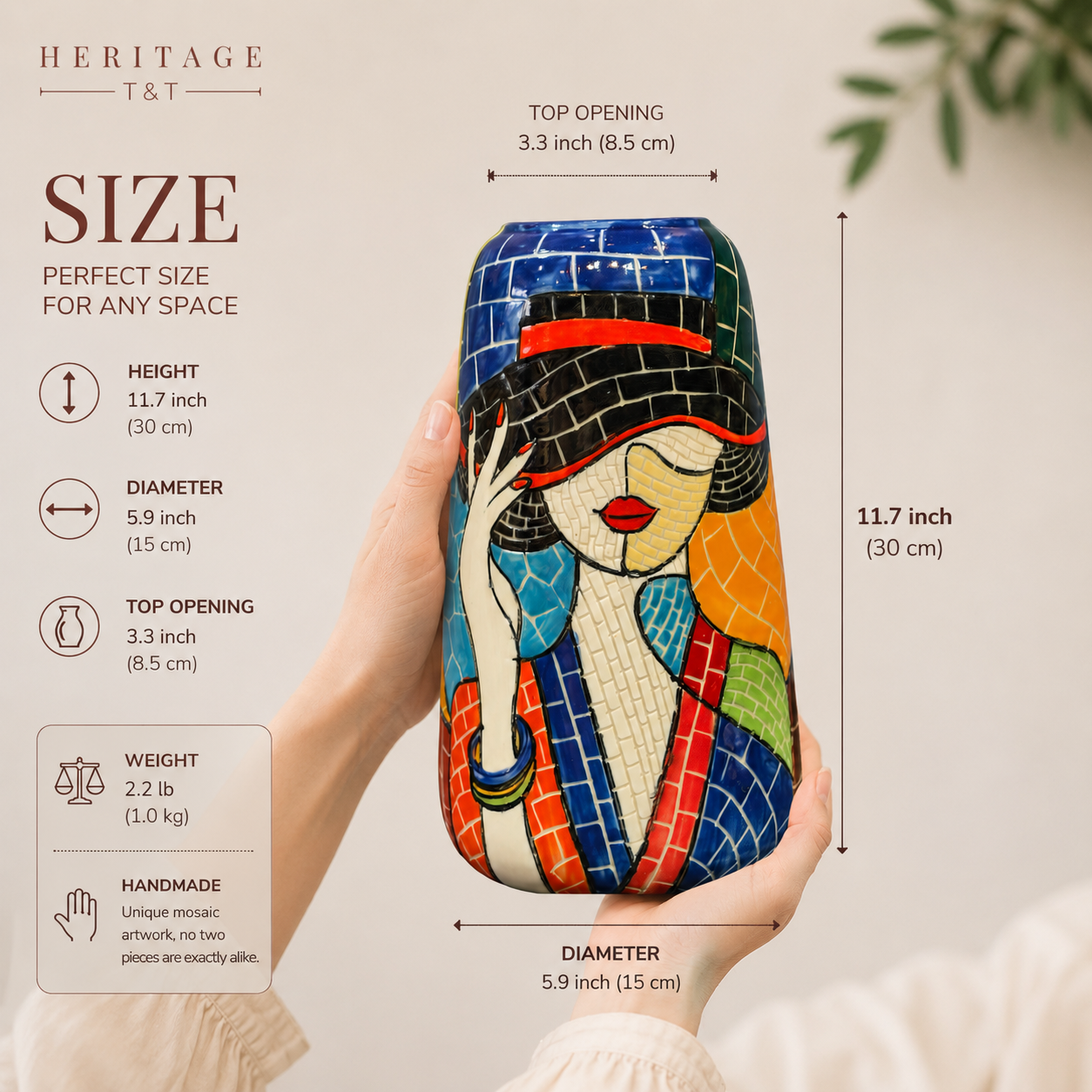 Handmade Mosaic Ceramic Vase – Lady Design  – 30 cm (11.8 in) – Home Décor – Heritage T&T Mosaic Collection – Bat Trang Vietnam