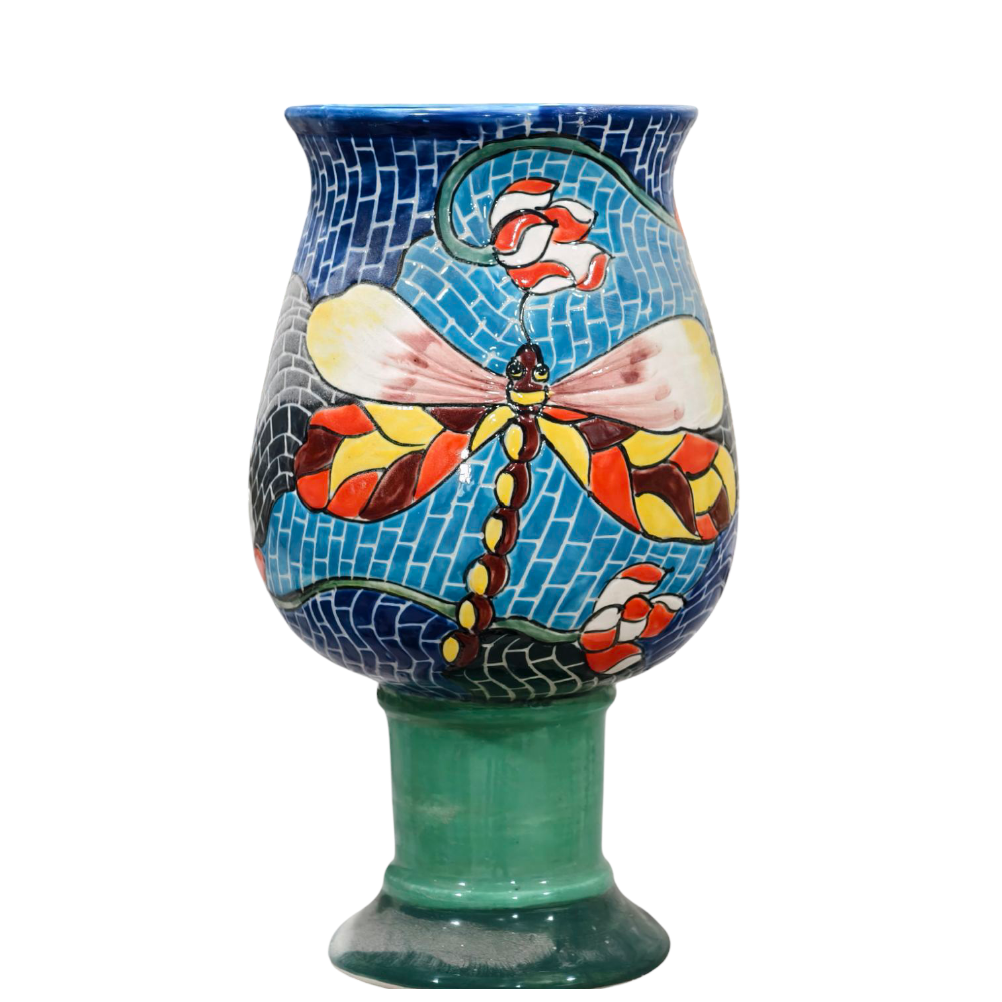 Handmade Mosaic Ceramic Vase – Dragonfly Design  – 28 cm (11 in) – Home Décor – Heritage T&T Mosaic Collection – Bat Trang Vietnam