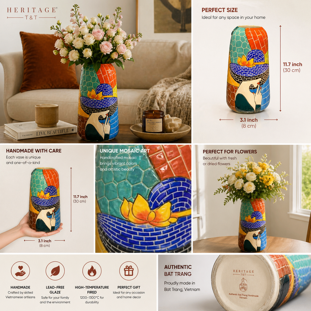 Handmade Mosaic Ceramic Vase – Lady Design  – 30 cm (11.8 in) – Home Décor – Heritage T&T Mosaic Collection – Bat Trang Vietnam