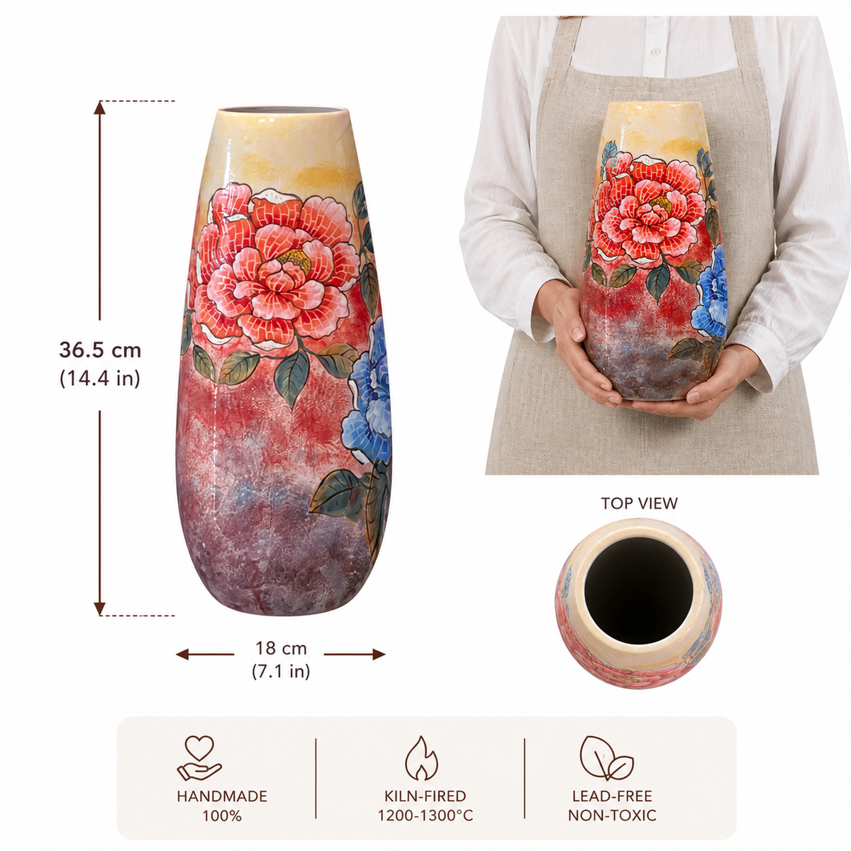 Handmade Mosaic Ceramic Vase – Flower Design  – 36.5 cm (14.4 in) – Home Décor – Heritage T&T Mosaic Collection – Bat Trang Vietnam