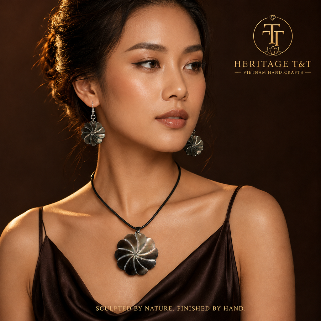 Floral Abalone and Mother of Pearl Necklace and Earrings Set – Heritage TT
