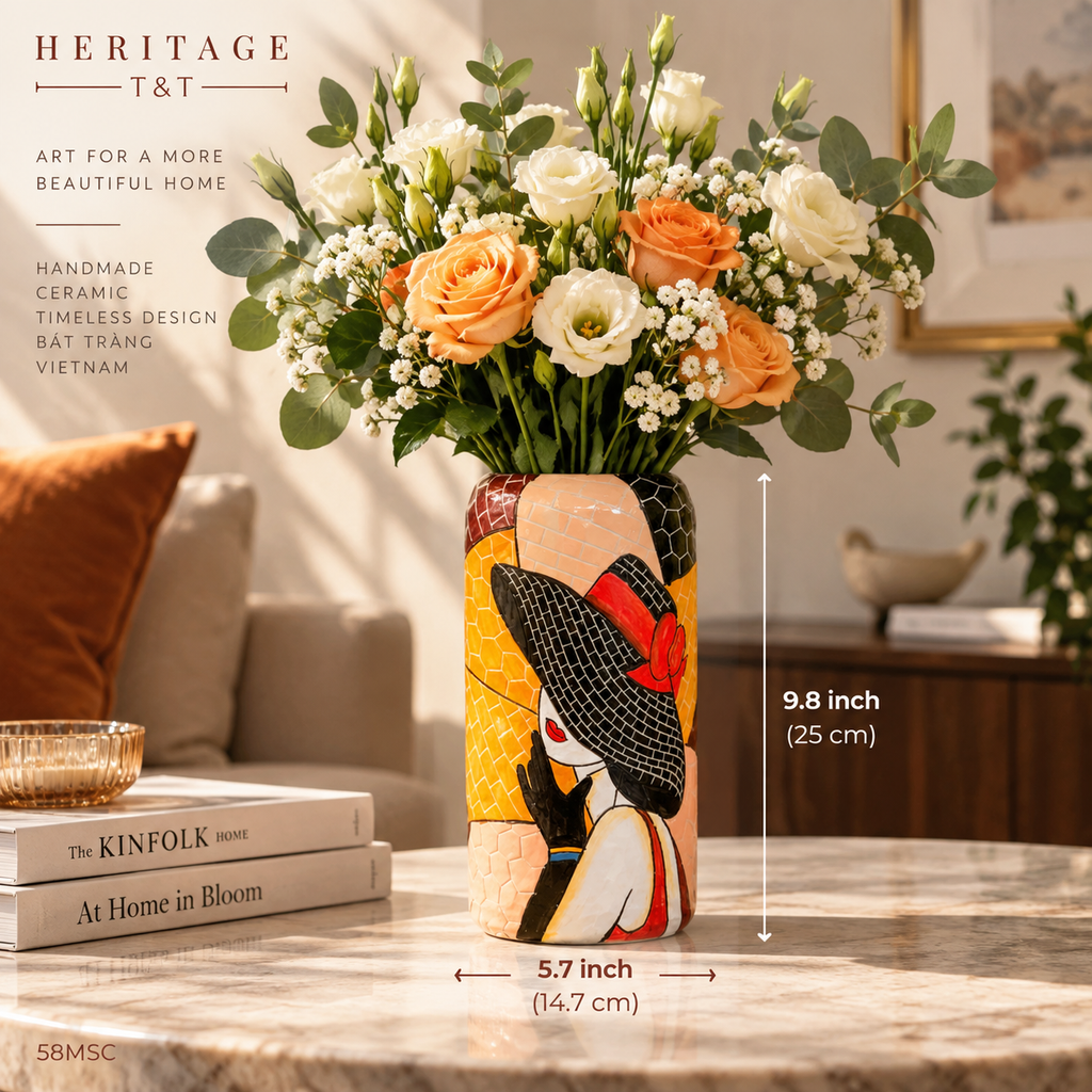Handmade Mosaic Ceramic Vase – Lady Design  – 20 cm (7.9 in) – Home Décor – Heritage T&T Mosaic Collection – Bat Trang Vietnam