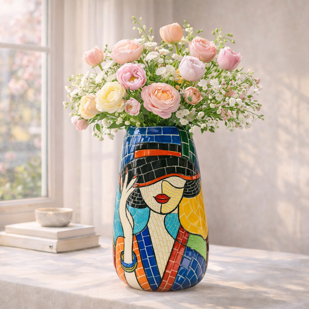Handmade Mosaic Ceramic Vase – Lady Design  – 28 cm (11 in) – Home Décor – Heritage T&T Mosaic Collection – Bat Trang Vietnam