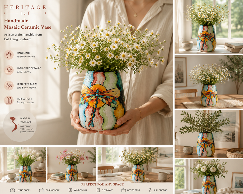 Handmade Mosaic Ceramic Vase – Dragonfly Design  – 22 cm (8.7 in) – Home Décor – Heritage T&T Mosaic Collection – Bat Trang Vietnam
