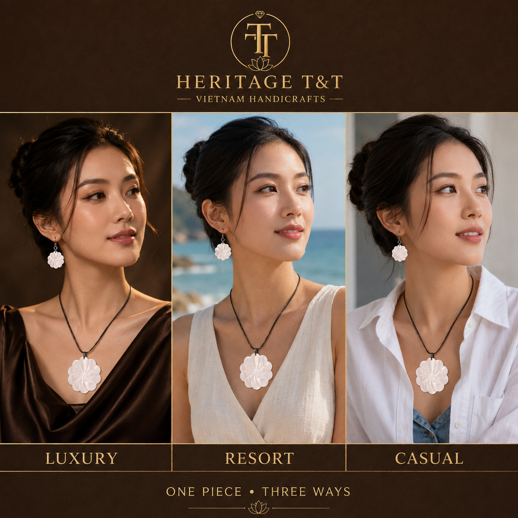 Floral Abalone and Mother of Pearl Necklace and Earrings Set – Heritage TT