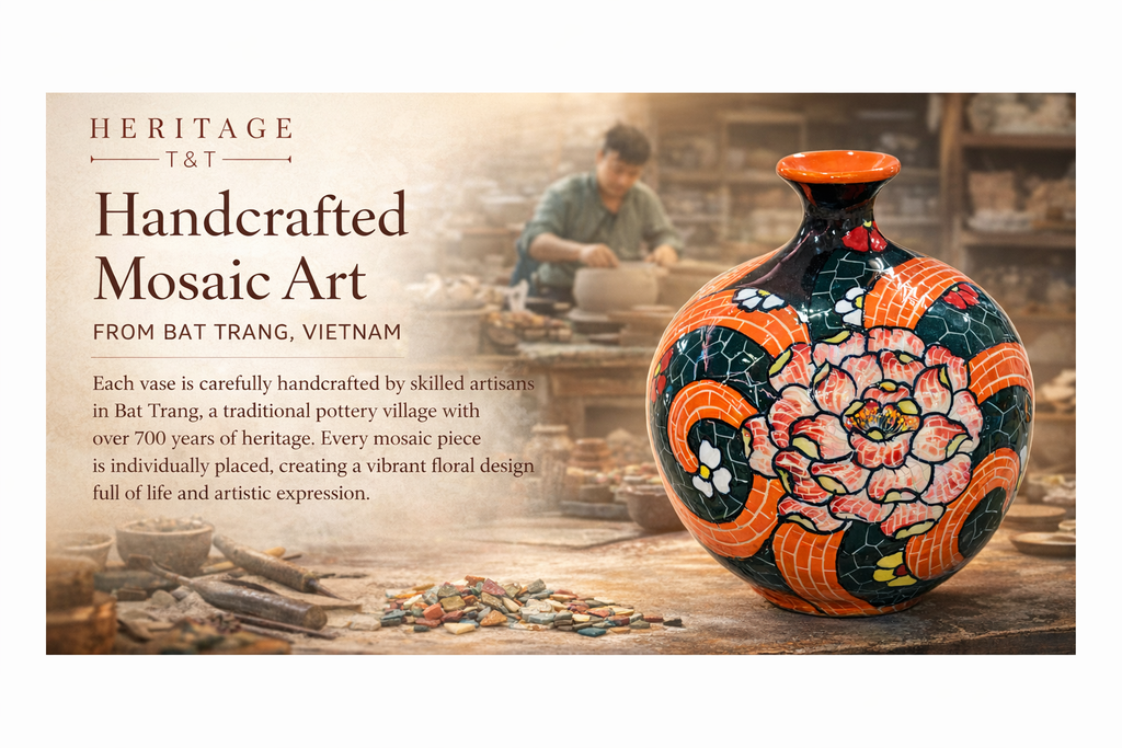 Handmade Mosaic Ceramic Vase Chrysanthemum Design 25 cm Bat Trang Pottery Hand Painted Home Decor HERITAGE T&T