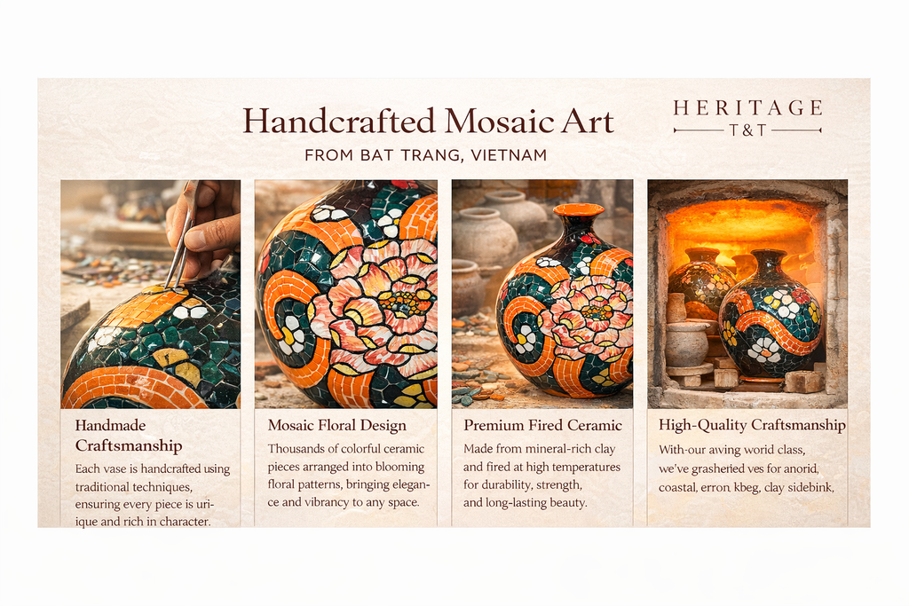 Handmade Mosaic Ceramic Vase Chrysanthemum Design 25 cm Bat Trang Pottery Hand Painted Home Decor HERITAGE T&T