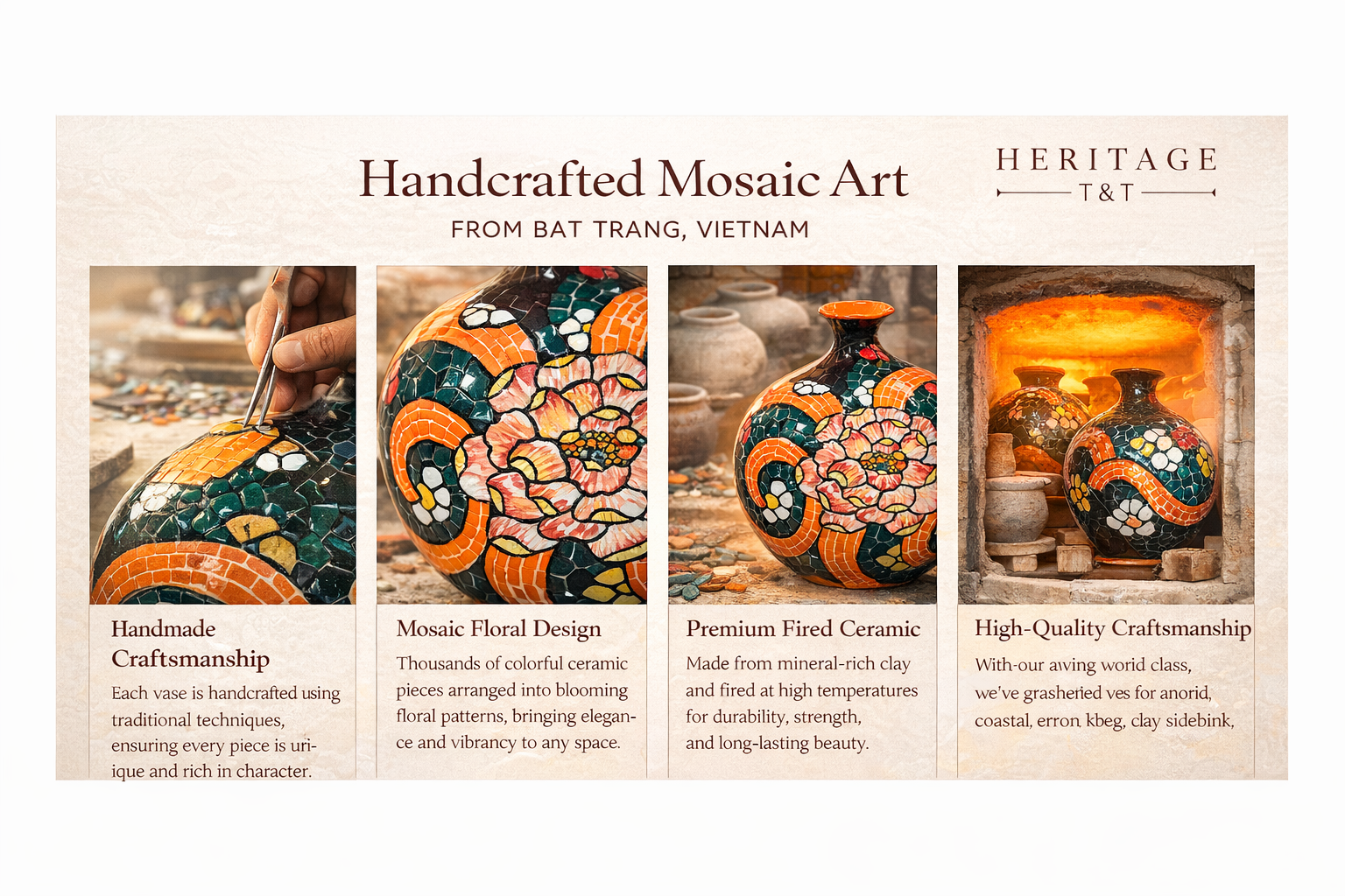 Handmade Mosaic Ceramic Vase Chrysanthemum Design 25 cm Bat Trang Pottery Hand Painted Home Decor HERITAGE T&T