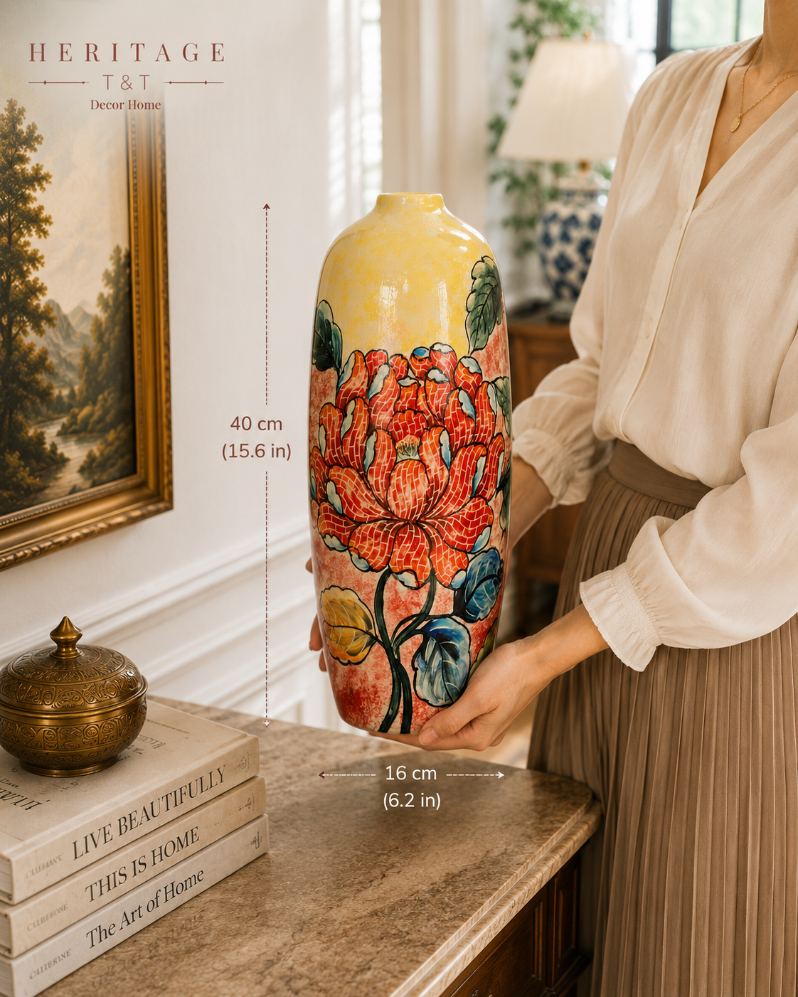 Handmade Mosaic Ceramic Vase – Flower Design  – 40 cm (15.7 in) – Home Décor – Heritage T&T Mosaic Collection – Bat Trang Vietnam