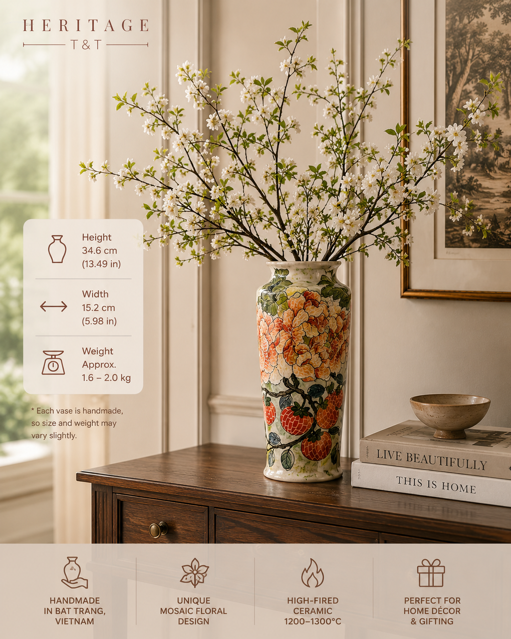 Handmade Mosaic Ceramic Vase – Flower Design  – 34.6 cm (13.6 in) – Home Décor – Heritage T&T Mosaic Collection – Bat Trang Vietnam