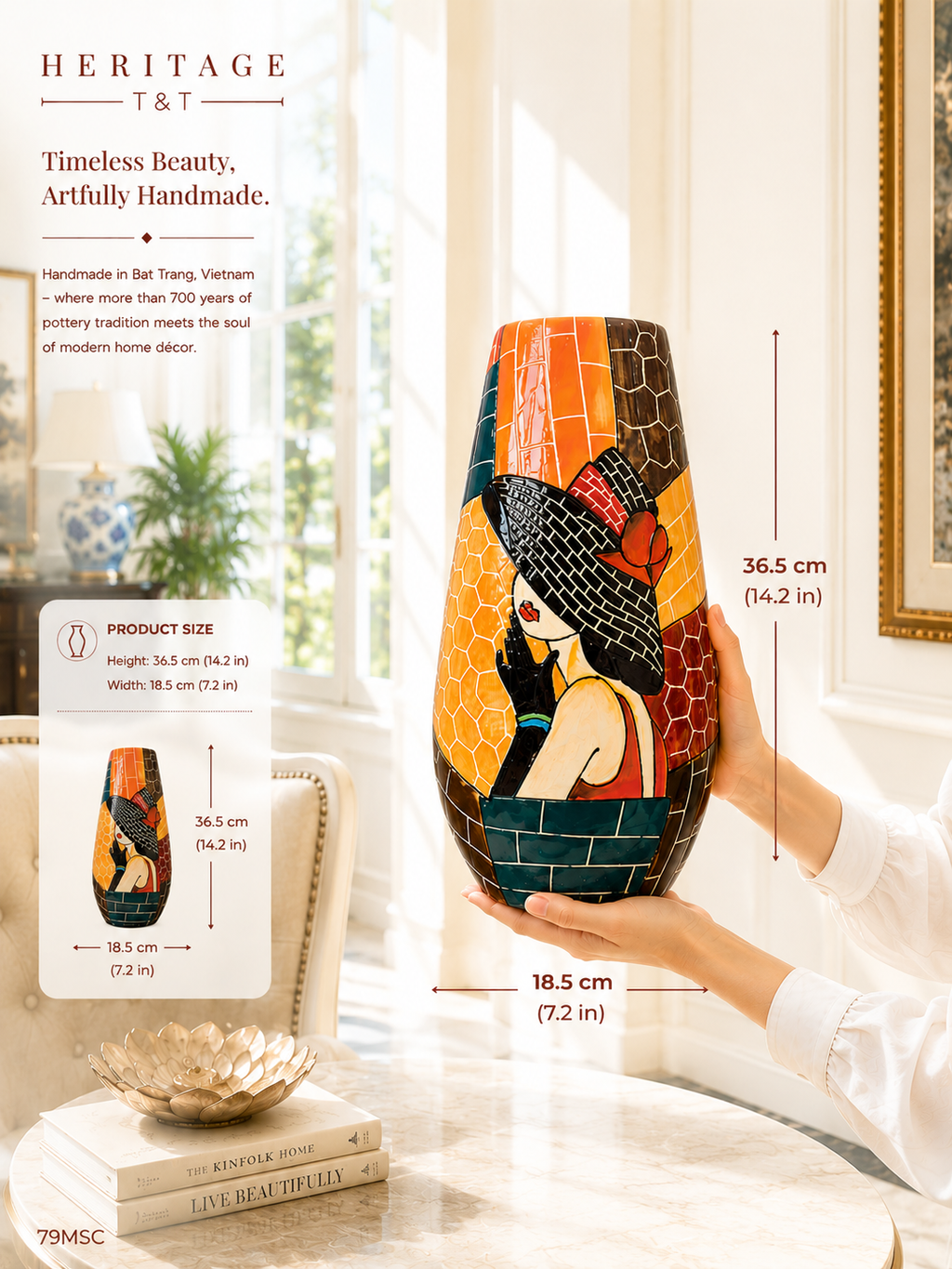 Handmade Mosaic Ceramic Vase – Lady Design  – 36.5 cm (14.4 in) – Home Décor – Heritage T&T Mosaic Collection – Bat Trang Vietnam
