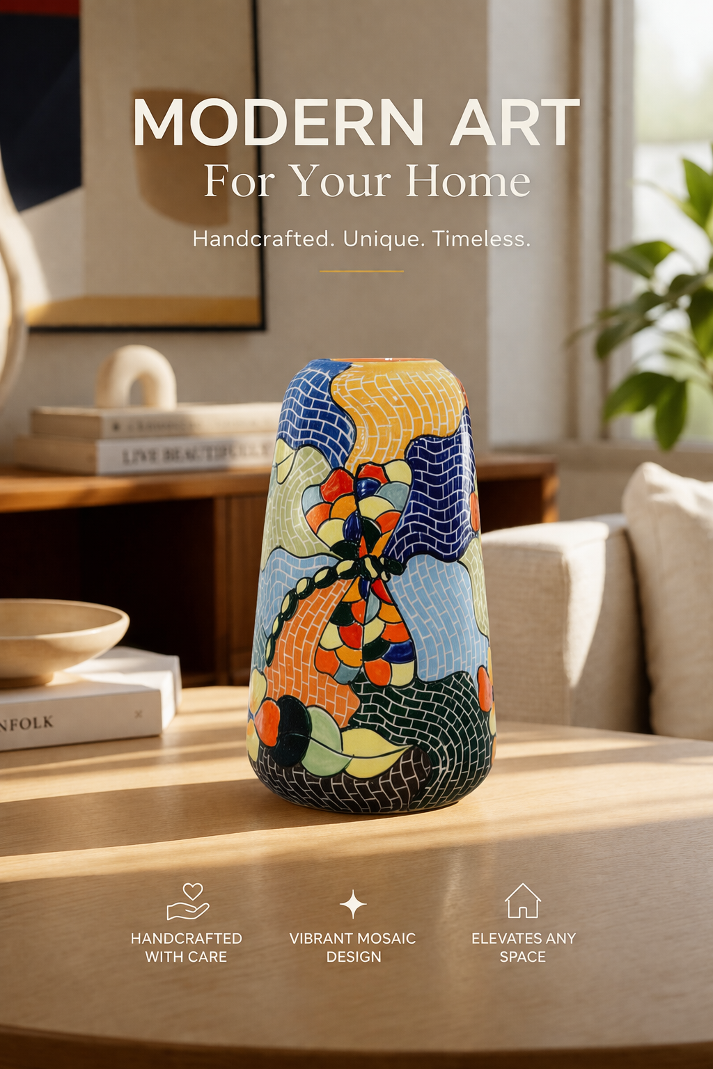 Handmade Mosaic Ceramic Vase – Dragonfly Design  – 26 cm (10.2 in) – Home Décor – Heritage T&T Mosaic Collection – Bat Trang Vietnam