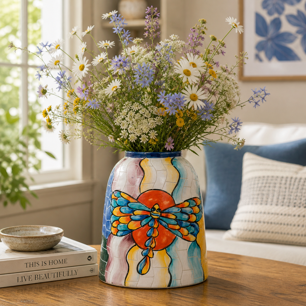 Handmade Mosaic Ceramic Vase – Dragonfly Design  – 20 cm (7.9 in) – Home Décor – Heritage T&T Mosaic Collection – Bat Trang Vietnam