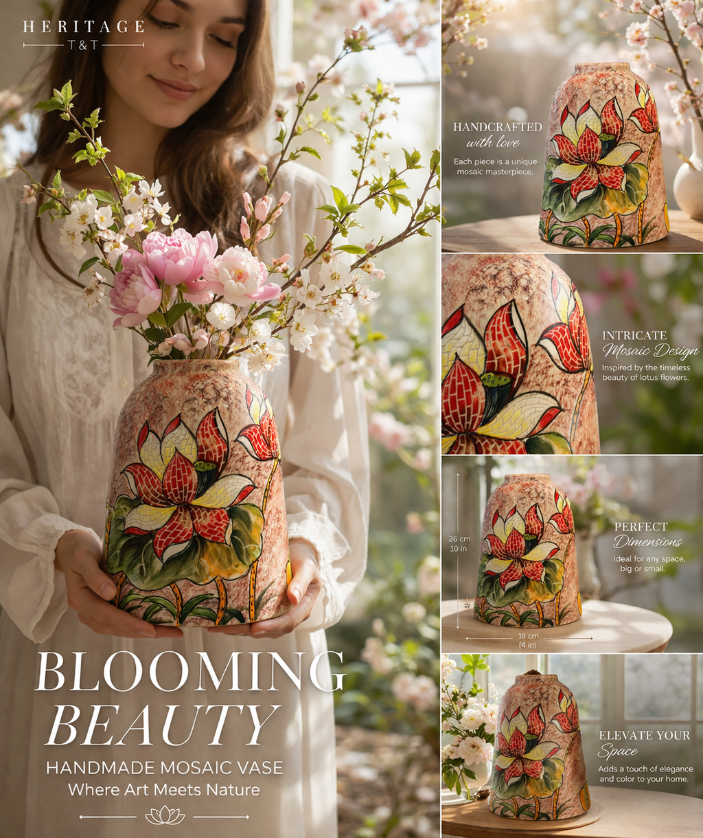 Handmade Mosaic Ceramic Vase – Lotus Design  – 26 cm (10.2 in) – Home Décor – Heritage T&T Mosaic Collection – Bat Trang Vietnam