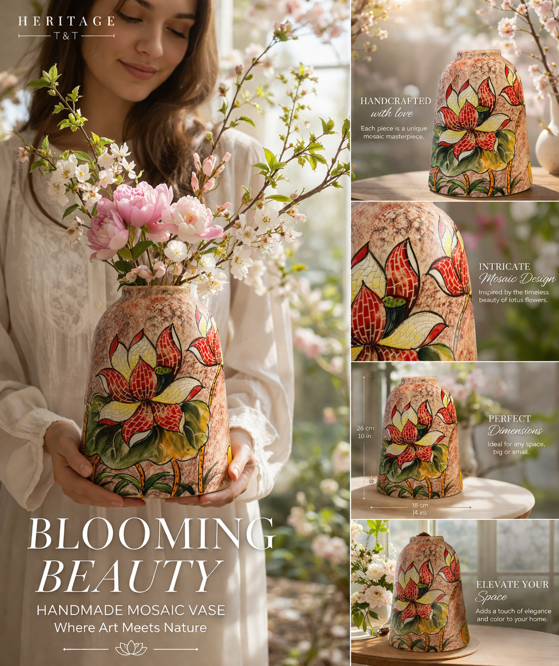 Handmade Mosaic Ceramic Vase – Lotus Design  – 26 cm (10.2 in) – Home Décor – Heritage T&T Mosaic Collection – Bat Trang Vietnam