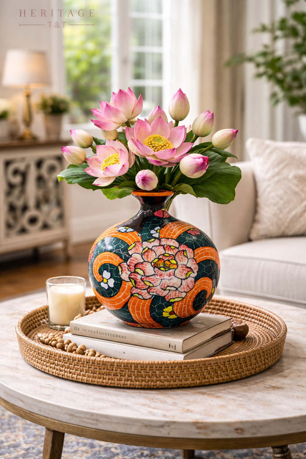 Handmade Mosaic Ceramic Vase Chrysanthemum Design 25 cm Bat Trang Pottery Hand Painted Home Decor HERITAGE T&T