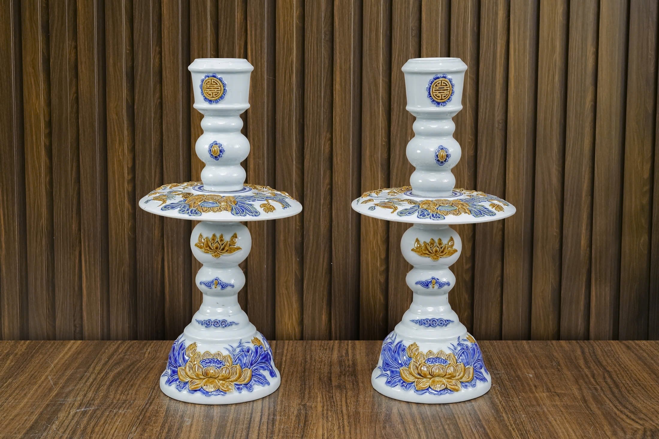 Heritage T&T Altar Candle Tree Tâm An – Ceramic Pair (2 Pieces) – Bat Trang Vietnam
