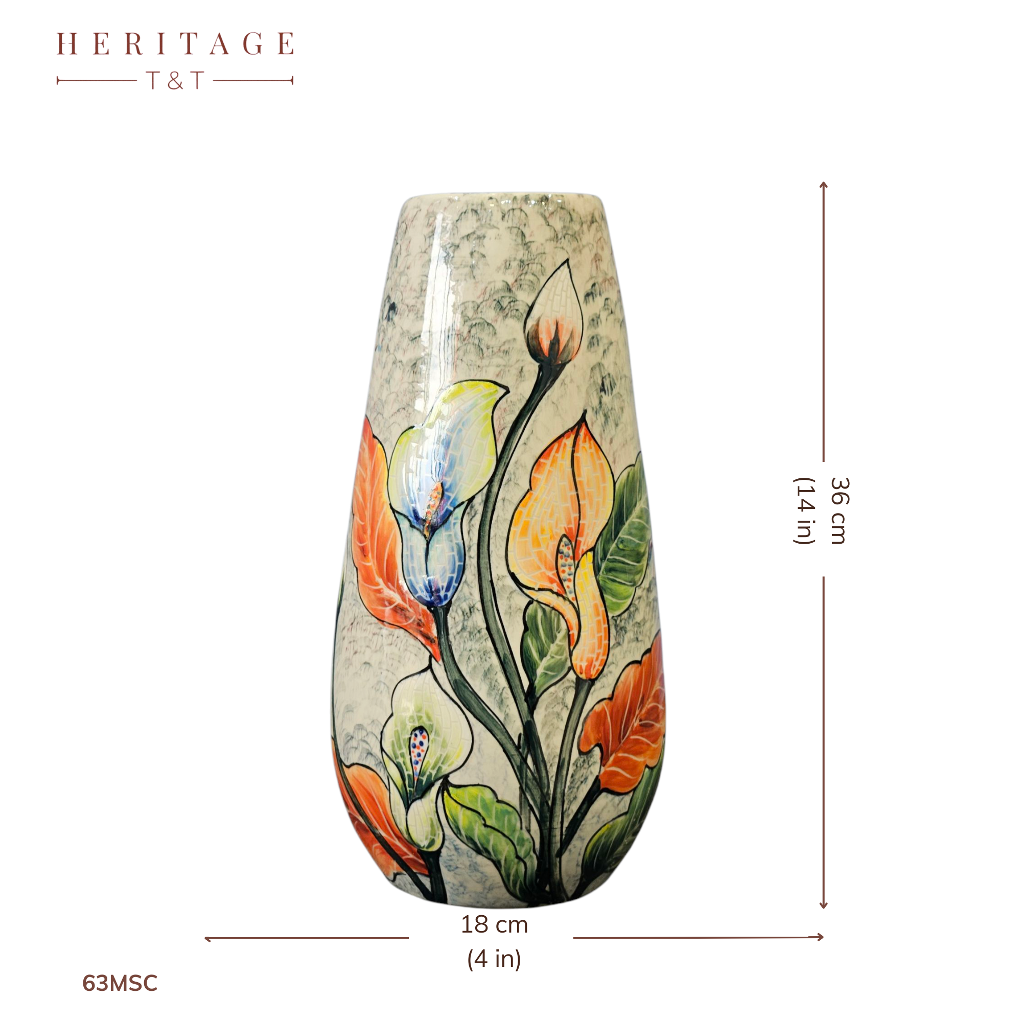 Handmade Mosaic Ceramic Vase – Flower Design  – 36.5 cm (14.4 in) – Home Décor – Heritage T&T Mosaic Collection – Bat Trang Vietnam