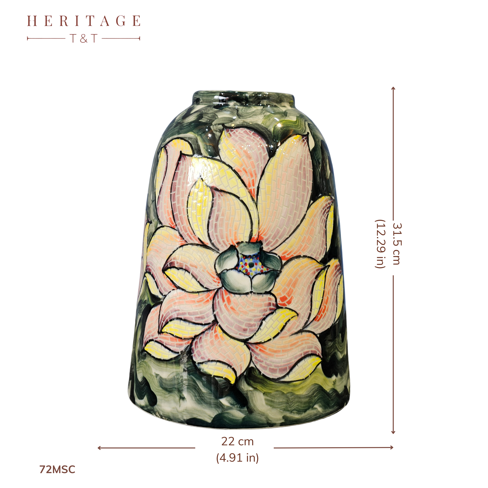 Handmade Mosaic Ceramic Vase – Lotus Design  – 31.5 cm (12.4 in) – Home Décor – Heritage T&T Mosaic Collection – Bat Trang Vietnam