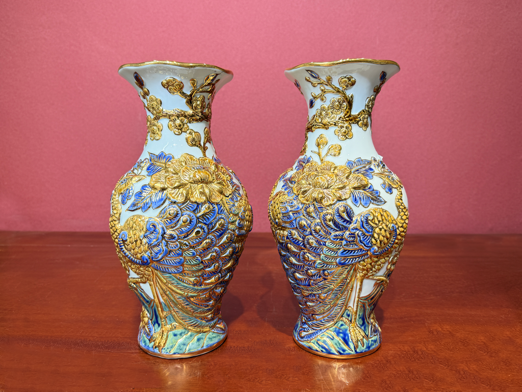 Heritage T&T Dragon Flower Vase Altar Tâm An blue Glaze  – 1 Pair – Bat Trang Handmade Vietnam (Copy)