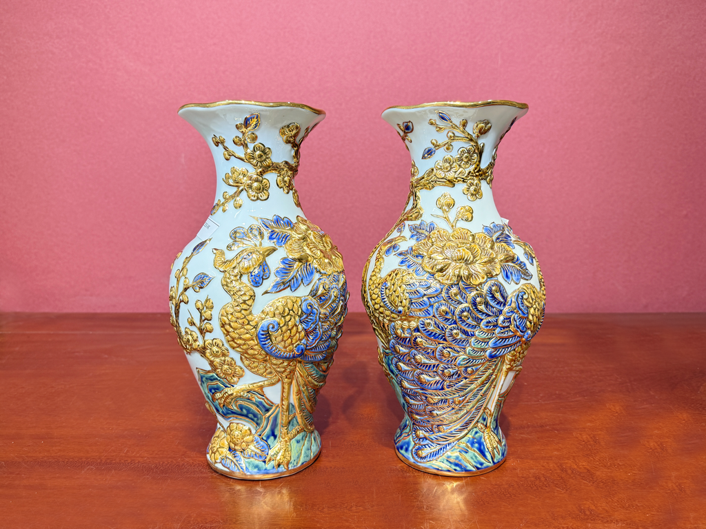 Heritage T&T Peach Flower Vase Altar Tâm An  – 1 Pair – Bat Trang Handmade Vietnam