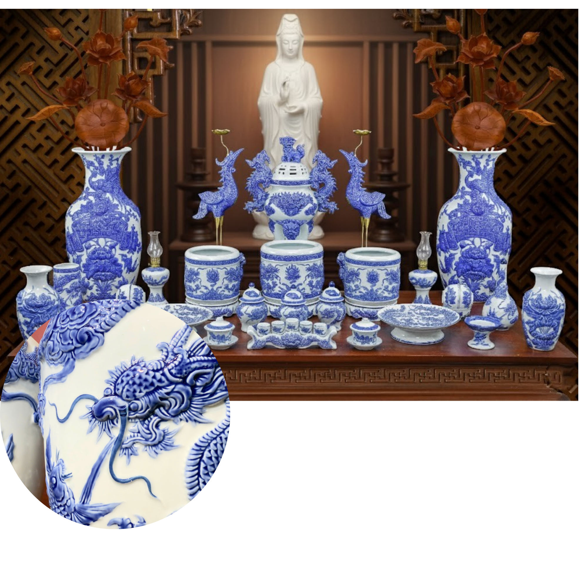 Heritage T&T Ceramic Altar Crane Pair Tâm An – Set of 2 – Bat Trang Vietnam