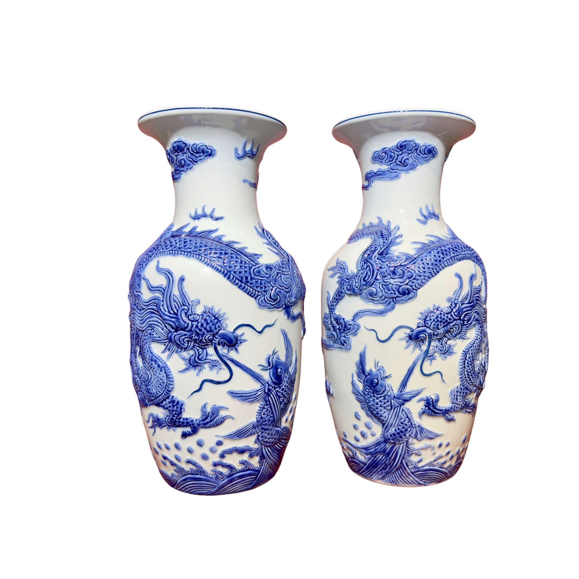 Heritage T&T Tall Dragon Prosperity Vase Tâm An  – 1 Pair – Bat Trang Handmade Vietnam